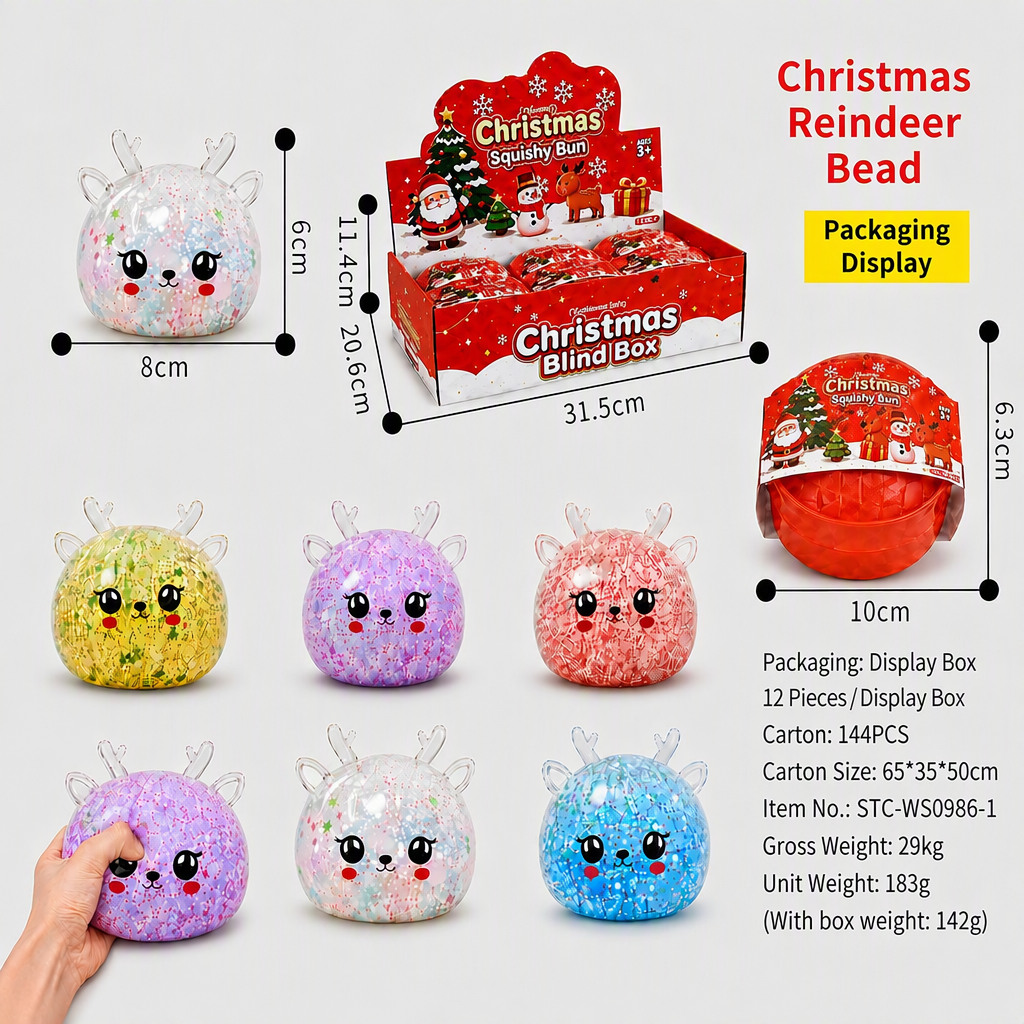 Christmas Deer TPR Squeeze Toy Transparent Glitter Bead Cute Reindeer Fidget Squishy Toy 12Pcs Display Box