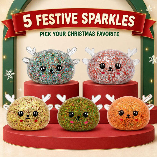 Christmas Deer TPR Squeeze Toy Transparent Glitter Bead Cute Reindeer Fidget Squishy Toy 12Pcs Display Box