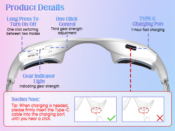 Under-Eye Light Therapy Device, Beauty Device with Eye Massage for Relieve Eye Bags, Eye Fatigue, Dark Circles, with Gel and Glasses Strap