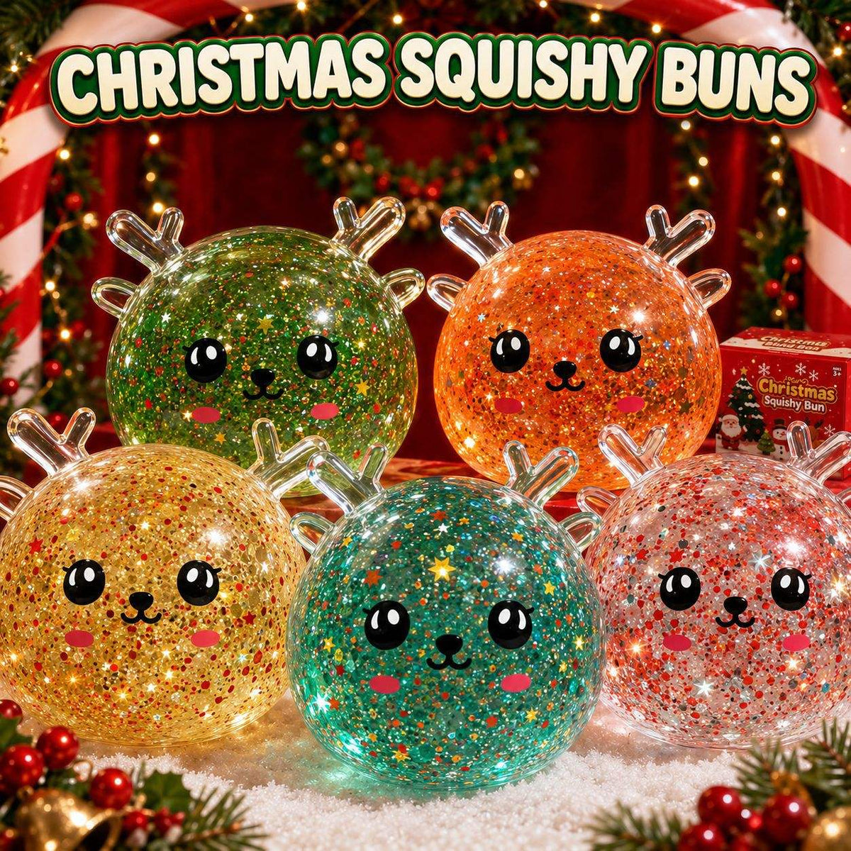 Christmas Deer TPR Squeeze Toy Transparent Glitter Bead Cute Reindeer Fidget Squishy Toy 12Pcs Display Box