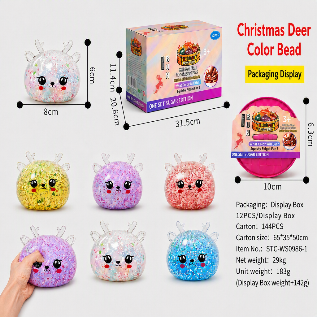 Christmas Deer TPR Squeeze Toy Transparent Glitter Bead Cute Reindeer Fidget Squishy Toy 12Pcs Display Box